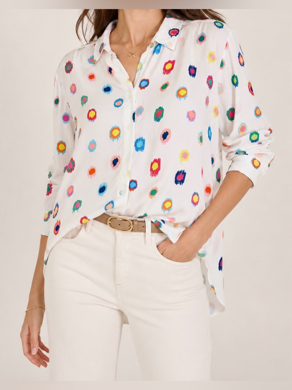 Vilagallo Exclusive Print Button Front Blouse White Multi Size 44 Rayon Blend